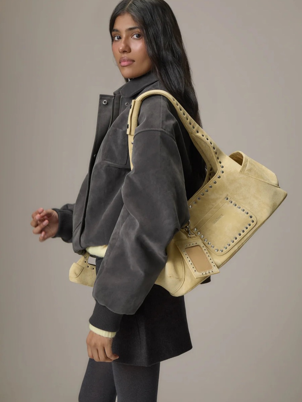Seekers Martha Suede Shoulder Bag in Pale Yellow